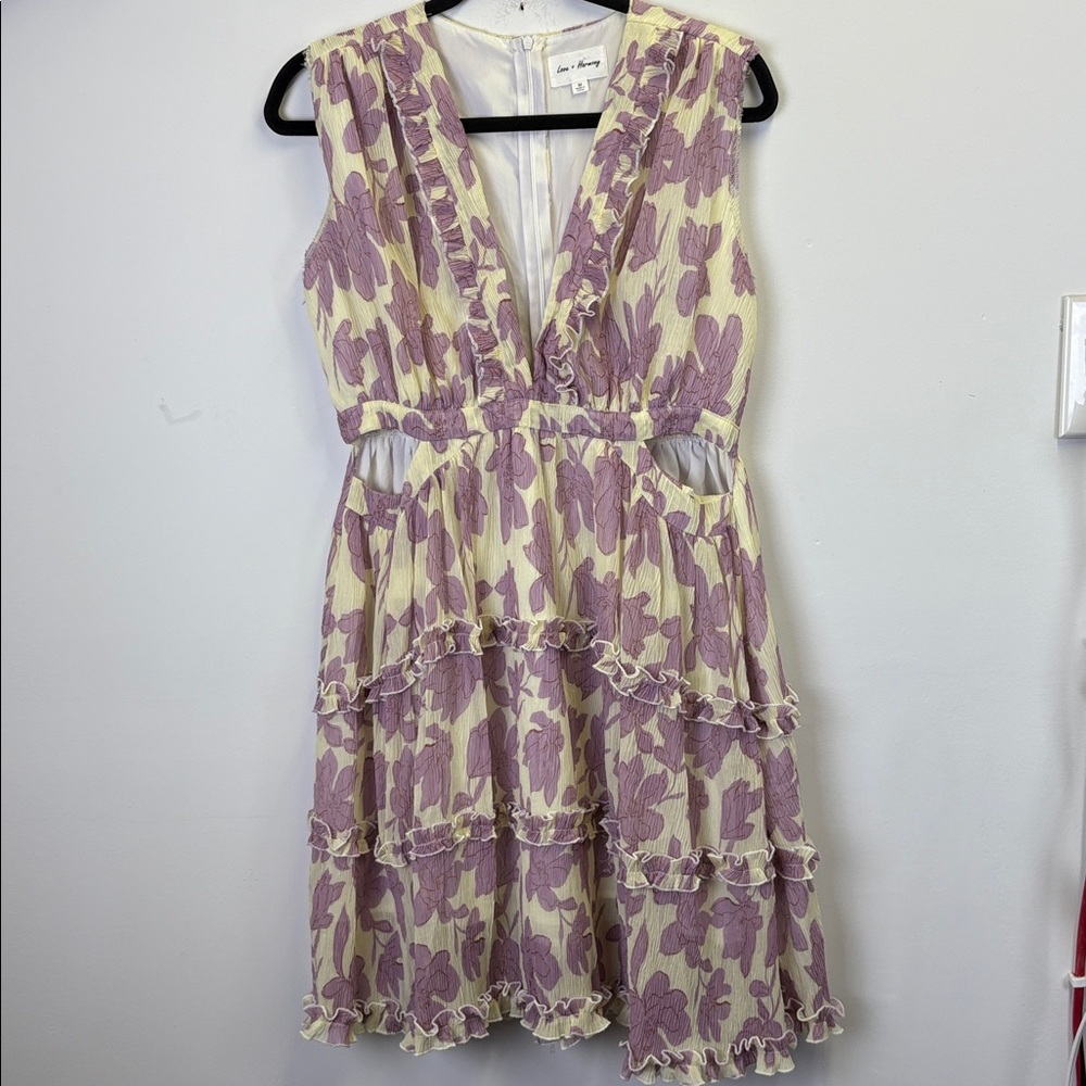 Love & Harmony purple and cream floral print dress with waist cut out/ Size M